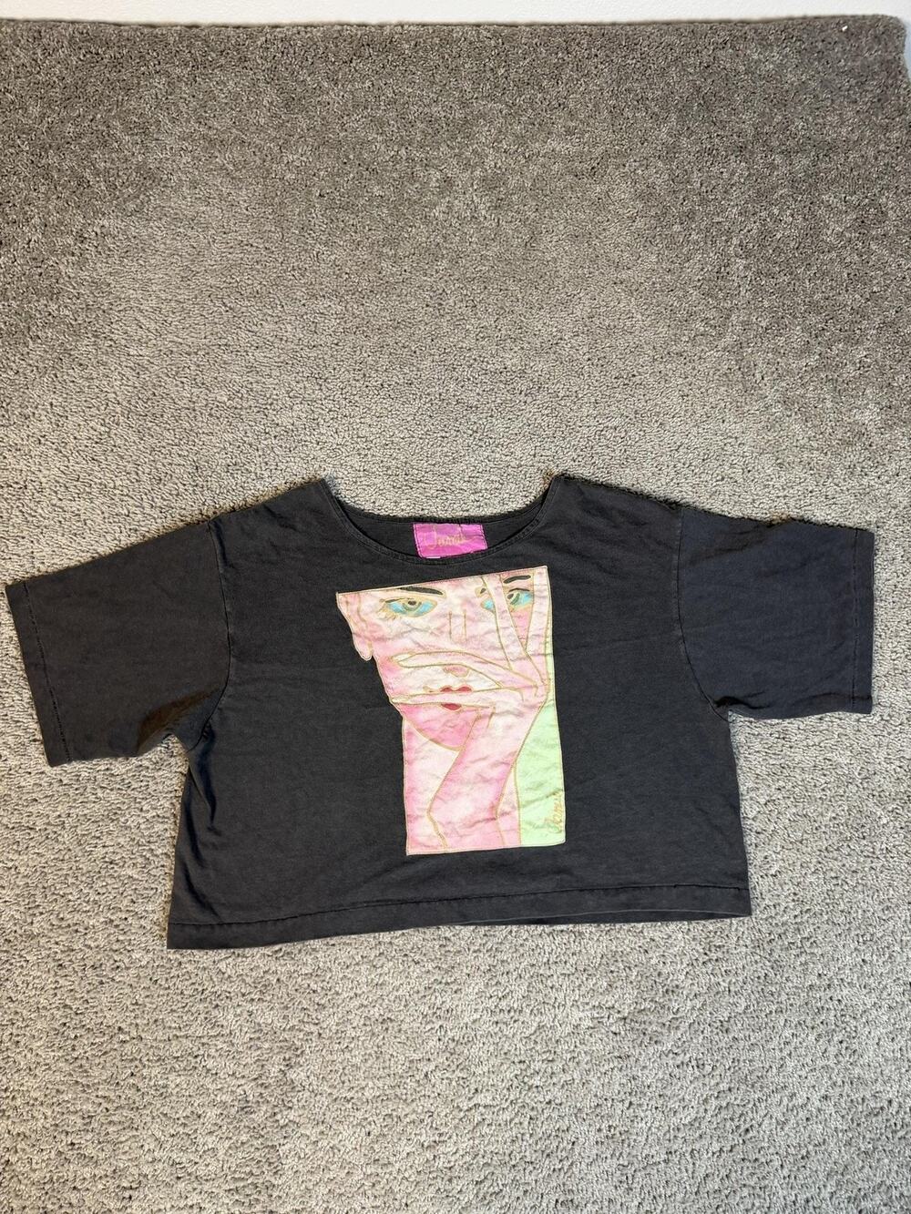 Jamie T-Shirt Womens One Size Black Cropped Crew Neck Cotton Silk Lightweight